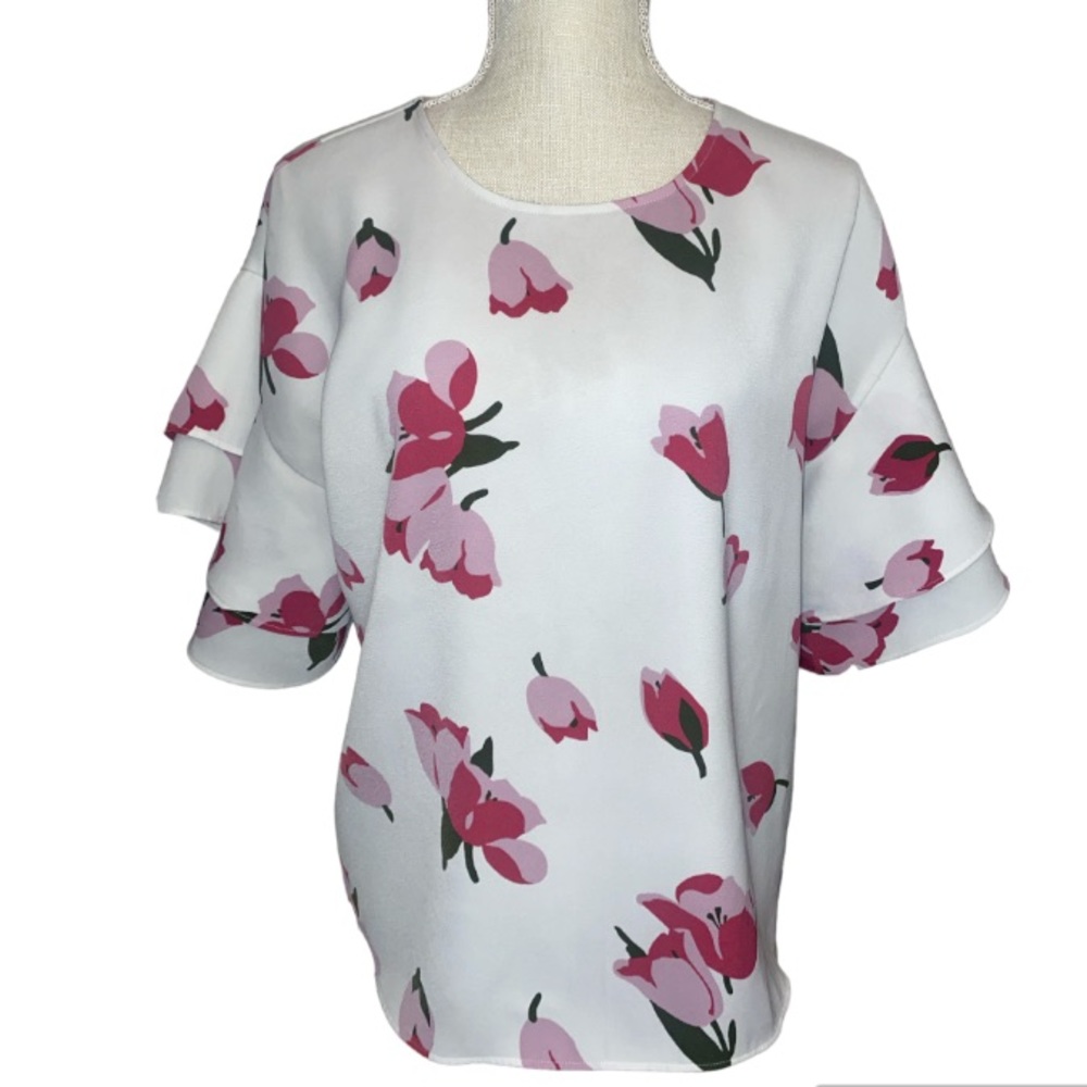 Ann Taylor Floral Double Bell Sleeve Blouse
